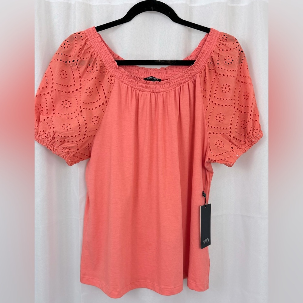 Jones New York Woman’s Petite Medium Short puff Sleeve Coral Orange Top. NWT - Picture 4 of 8